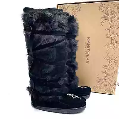 Manitobah Faux Fur Tall Wrap Suede Mukluk Boots Black Beaded Sz 8 Women's • $250