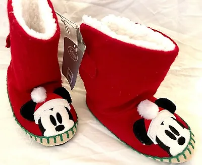 Disney Store Mickey Mouse Fur Slippers Indoor Boots Red Christmas UK Kids 7/8 • £22