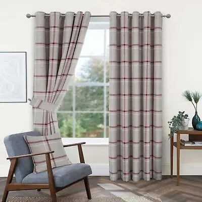 Red Woven Check Eyelet Curtains Hudson Checked Ring Top Curtain Pair • £71