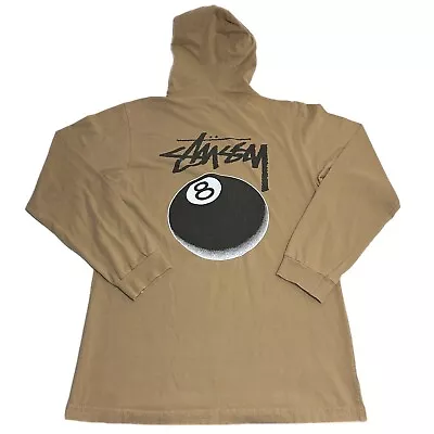 Stussy 8 Ball Long Sleeve Hoodie Shirt Men’s Medium Tan Retro Vintage Style • $49.95