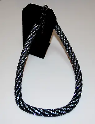 ZARA Necklace Twisted Light Blue Rhinestone Set In Black Metal 18  Plus 3  Ext • $19.95