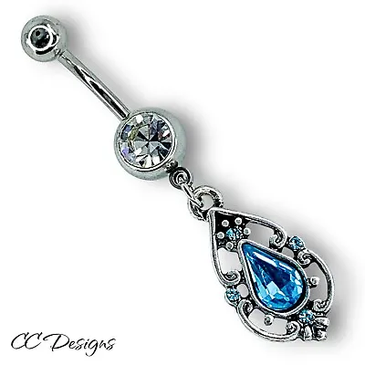 14g White Sparkle Cz Vintage Filigree Dangle Blue Aqua Droplet Belly Ring (B445) • $9.99