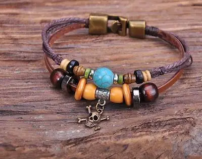 G140 Bronze Surfer Hemp Leather Wood Beads Wristband Bracelet Cuff Skull Charm • £4.18