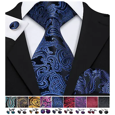 Men's Tie Silk Ties Mens Necktie Pocket Square Cufflinks Set Hankie Cufflinks UK • £9.59