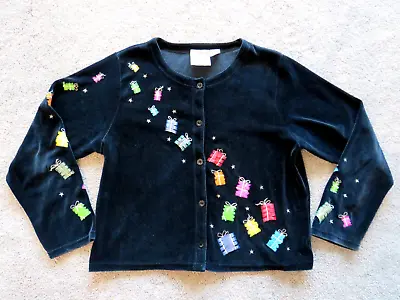 Sweater Michael Simon Black Velour Cardigan Ugly Christmas Gift Presant Lite M • $34.59
