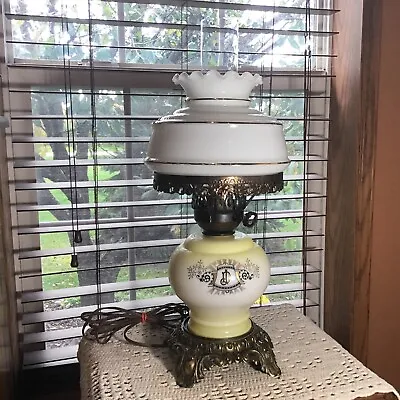 Unusual Vintage 19” White Yellow GWTW Table Lamp Gold Trim Monogrammed D J • $35.99