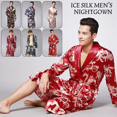 Mens Chinese Japanese Oriental Gold Dragons Long Sleeve Bathrobe Dressing Gown • $26.03
