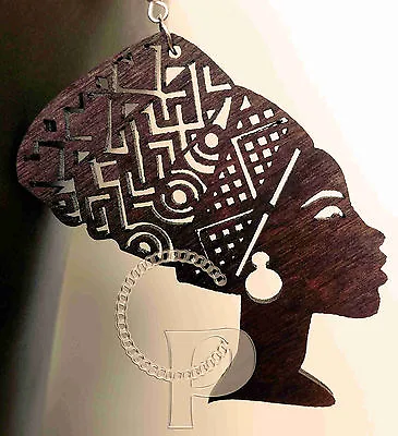 African Woman Head Wrap Silhouette Wooden Earrings Laser Cut Out Dark Wood • $14.33