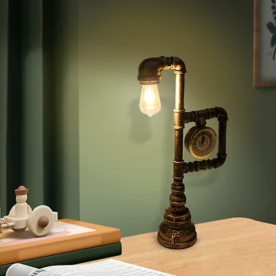 Retro Industrial Steampunk Desk Lamp Antique Iron Metal Pipe Table Lamp W/ Clock • $48.45