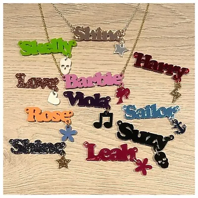 Personalised Name Necklace With Dangling Charm. Laser Cut Acrylic Custom Design • £13