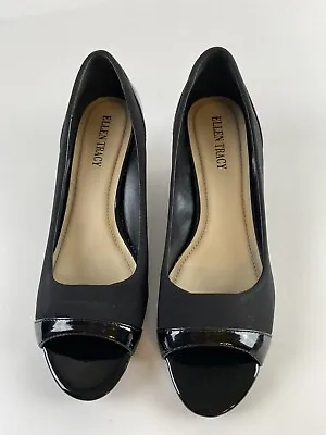 Ellen Tracy Black Patent Leather / Cloth Open Toed 2 1/4  Heel Shoe Size 8 1/2 M • $14.99