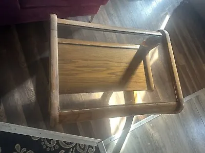 VTG 1970's Mod Lou Hodges Mersman Oak Cantilever Beveled Glass End Table • $250