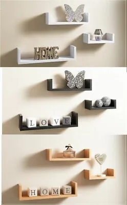 Set Of 3 U Shape Floating Wall Shelves Shelf Storage Display White Black Oak • £10.99