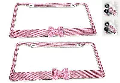 2 X Pink Bow Tie Bling Diamond Crystal Metal License Plate Frame For VW Porsche • $21.95