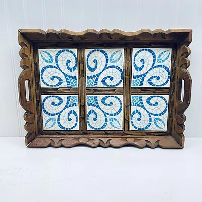 Vintage Mexican Ceramic Tile Serving Tray MCM Dal Tile  Carved Wood • $46