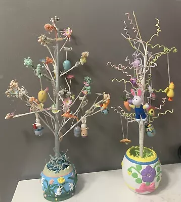 Set Of 2 VINTAGE EASTER TREES W/MINIATURE WOOD ORNAMENTS Eggs Bunny Chicks • $28.99