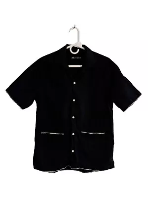 Zara Men’s Medium Black Linen Contrast Topstiched Shirt Guayabera Shirt • $17.99