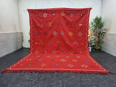 Moroccan Handmade Cactus Silk 7'6''x9'8'' Sabra Geometric Red White Rug • $537