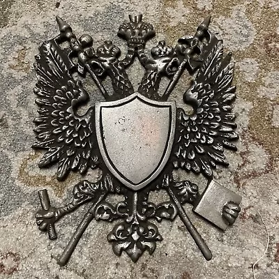 Vintage Metal Double Headed Eagle Crest Royal Crown Coat Of Arms Wall Hanging • $40