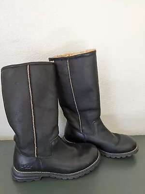 UGG Tall Black On Black Leather Shearling Lined Boots Women's Size US 8 • $55