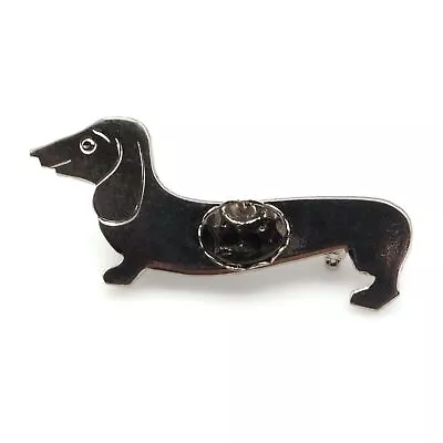 Vintage Silver Tone Dachshund Wiener Dog Lucite Black Stone Brooch Lapel Pin • $15.80