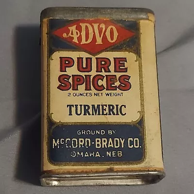 Vintage ADVO Pure Spices Tin Turmeric McCord Brady Co. Display Only • $10