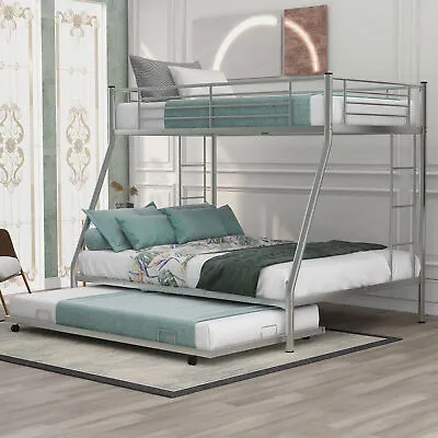 Metal Bunk Bed With Trundle Twin Over Full Bed Frame For Kids Teens Adults • $335