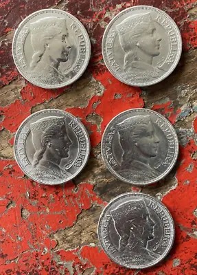 Latvia 5 Lati 1929 1931 Circulated .835 Silver Coin Lot Of Five Coins 124 Grams • $175