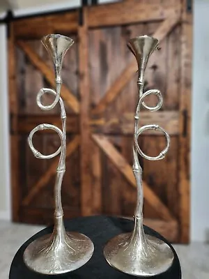 NEW MSRP $499 L'OBJET Evoca Candlesticks Set Of 2 Silver Nickle Plated Bamboo • $275