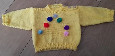 New Handknitted Yellow Baby  Christmas Jumper With Pom Poms -  Age 0-3 Months • £7.50