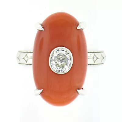 Antique Platinum FINE Oval GIA Reddish Orange Coral & Mine Cut Diamond Ring • $3990.40