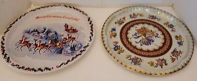 VTG Set 2 Metal Serving Tray ~Daher W/Flowers~Santa Claus W/Sleigh ~12.5  Round • $5.95