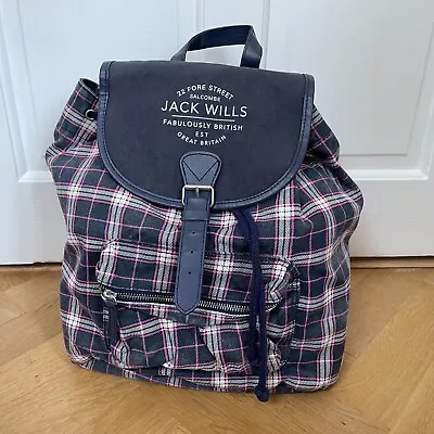 Jack Wills Women Rucksack Pink Blue Check Pattern Front Pocket Buckle Closure • £11.99