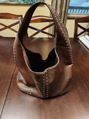 MICHAEL KORS Large Brown Leather Silver Studded Hobo Shoulder Bag • $40