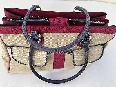 ETRO Magenta Leather & Beige Burlap Bi-Color Zip Shoulder Bag Satchel Purse • $47.25