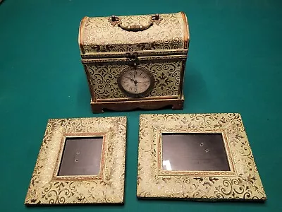 Vintage Green Stamped Tin Clock Box & 2 Frames Set • $59.97