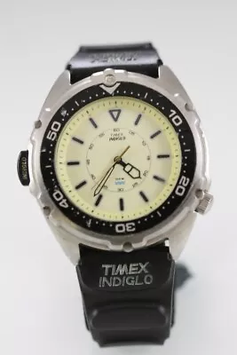 Timex Indiglo Men Watch Stainless Steel Black Plastic Light 100m Beige Quartz • $39.95