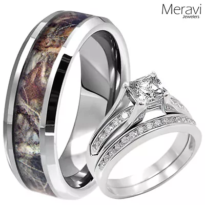 Mens Titanium Mossy Forest Oak Camo Ring Womens Sterling Silver CZ Wedding Band • $46.90