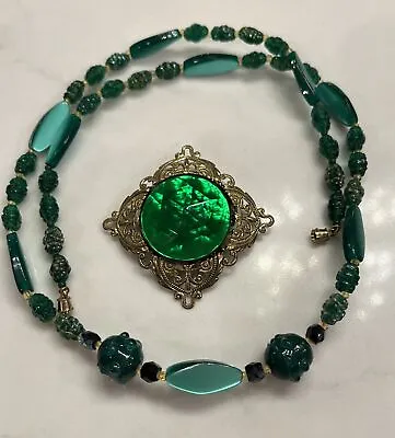 Vintage West Germany Green Brooch & Green Glass Aurora Bead Czech Necklace Set • $65