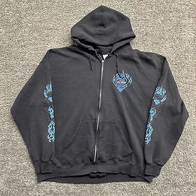 Vintage 90s Y2K Harley Davidson Flame Sleeve Zip Up Hoodie Black Tribal Bike 2XL • $39.99