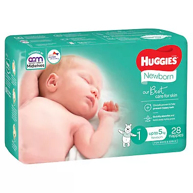 Huggies Newborn Nappies Size 1 (up To 5kg) 28 Pack • $16.99