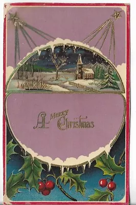 VTG Christmas Postcard- A Merry Xmas Scene W/Church Purple & Gold Holly Berries • $2.49