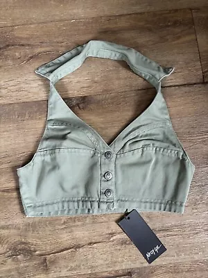 Organic Cotton Halterneck Sage Denim Top Bralet Size 10 BNWT NEW • £4.99