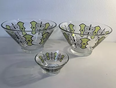 3 Pc VTG Mid Century Chip & Dip Bowls Atomic Espana Butterfly Glass Snack Serve • $62.99