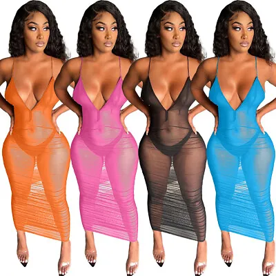 New Women Stylish Spaghetti Strap Pleated Mesh Perspective Solid Club Dress Sexy • $18.88