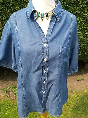 M&S Chambray Denim Shirt Short Sleeves Lightweight Blue  Blouse Uk 16  18 • £14.99