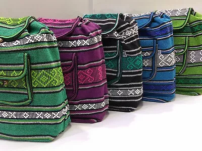 RASTA Bag Beach Hippie Baja Ethnic Multicolors Pocket Backpack Made In Mexico • $17.95