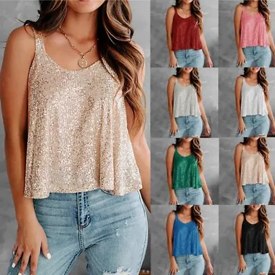 Womens Sequin Ruffle Strappy Plain Tank Vest Casual Sleeveless Summer Cami Tops • £8.49