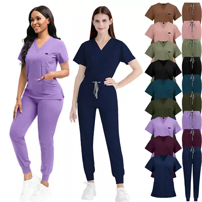 Medical Hospital Scrub Uniform Set Women Men V-Neck Top Jogger Pant Unisex Suit • $18.98