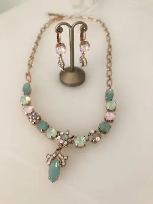 Mariana Costume Jewelry Necklace And Earrings Set Milky Green And Pink Stone • $215